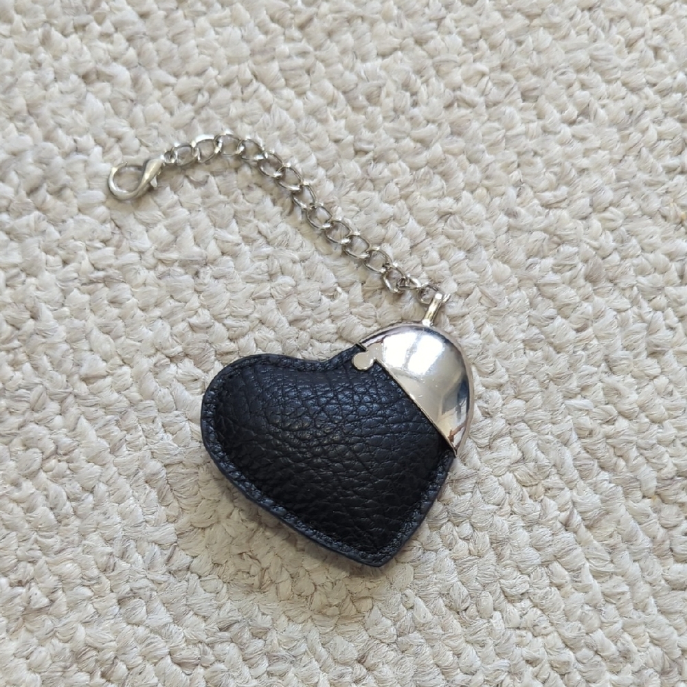 Black Leather Heart Keychain with Silver Accent